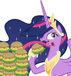 Size: 800x849 | Tagged: safe, artist:atariboy2600, derpibooru import, princess twilight 2.0, twilight sparkle, twilight sparkle (alicorn), alicorn, the last problem, burger, eating, food, hay burger, herbivore, twilight burgkle