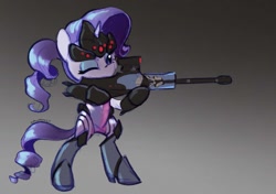 Size: 1500x1053 | Tagged: safe, artist:dawnfire, pony, unicorn, bipedal, clothes, cosplay, costume, crossover, gun, one eye closed, overwatch, rarimaker, rifle, sniper rifle, solo, weapon, widowmaker