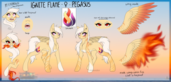 Size: 3750x1797 | Tagged: safe, artist:ohhoneybee, oc, oc:ignite flame, pegasus, pony, female, fire, mare, reference sheet, solo