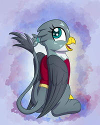 Size: 2000x2500 | Tagged: safe, artist:litrojia, gabby, griffon, abstract background, clothes, cute, female, gabbybetes, happy, high res, hoodie, looking at you, sitting, smiling, solo