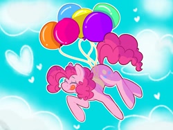 Size: 1600x1200 | Tagged: safe, artist:seabunnybutt, derpibooru import, pinkie pie, earth pony, pony, :p, balloon, blushing, cloud, cute, diapinkes, eyes closed, female, floating, flying, heart, mare, sky, solo, then watch her balloons lift her up to the sky, tongue out