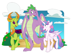 Size: 1280x951 | Tagged: safe, artist:chub-wub, princess flurry heart, spike, thorax, alicorn, changedling, changeling, dragon, female, king thorax, male, mare, older, older flurry heart, older spike, one eye closed, redraw, simple background, smiling, transparent background, trio, winged spike
