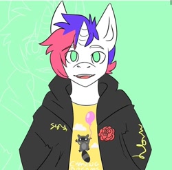 Size: 1080x1069 | Tagged: safe, artist:mr_fancyhat, oc, oc only, anthro, raccoon, unicorn, balloon, clothes, flower, hands in pockets, horn, jacket, rose, simple background, smiling, solo, unicorn oc