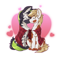 Size: 1527x1527 | Tagged: safe, artist:chebypattern, oc, oc only, oc:greeny the zeeb, oc:warhawk, zebra, couple, gay, love, male, plaid blanket, plushie pony, simple background, sitting, smiling, transparent background, zebra oc