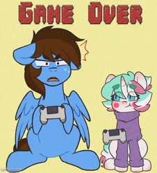 Size: 1322x1463 | Tagged: safe, artist:cottonsweets, oc, oc:pegasusgamer, pegasus, unicorn, clothes, controller, happy, horn, shocked, sitting, sweater, video game, wings