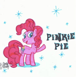 Size: 750x765 | Tagged: safe, artist:candyrandy7d, artist:candyrandyjuniverse, derpibooru import, pinkie pie, earth pony, pony, female, mare, open mouth, pink coat, pink mane, pink tail, raised hoof, signature, simple background, smiling, solo, text, white background