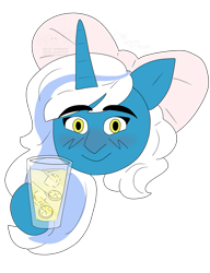 Size: 783x1020 | Tagged: safe, artist:s3v3n-grraves, oc, oc:fleurbelle, alicorn, alicorn oc, blushing, bow, female, glass, golden eyes, hair bow, hoof hold, horn, ice, juice, lemon slices, lemonade, mare, simple background, smiling, transparent background, wings