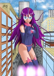 Size: 2480x3508 | Tagged: safe, artist:sandstormart, derpibooru import, twilight sparkle, human, clothes, female, giantess, humanized, leotard, macro, magic gaia, superhero