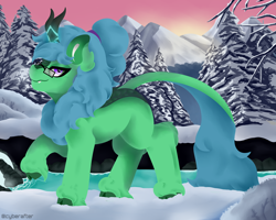 Size: 5000x4000 | Tagged: safe, artist:cyberafter, oc, oc only, oc:lex rudera, kirin, commission, forest, mountain, painted, river, snow, solo, tree, winter