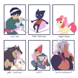 Size: 2000x2000 | Tagged: safe, artist:itsdanfango, apple bloom, anthro, cat, digitigrade anthro, earth pony, goat, human, pony, wolf, anthro with ponies, arashi no yoru ni, balancing, bow, clothes, crossover, dagger, female, fez, filly, hair bow, hat, kingdom hearts, mae borowski, male, neckerchief, night in the woods, over the garden wall, rock lee, sharp teeth, sitting, six fanarts, smiling, teeth, terra-xehanort, thinking, weapon, wirt