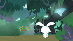 Size: 1920x1080 | Tagged: safe, derpibooru import, screencap, angel bunny, fluttershy, rabbit, she talks to angel, animal, body swap, everfree forest, flower, forest, glowing mushroom, male, mushroom, shelf mushroom, solo