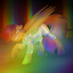 Size: 1080x1080 | Tagged: safe, artist:princessesmeraldaofficial, scootaloo, pegasus, pony, fanfic:rainbow factory, clothes, crying, female, lab coat, liquid rainbow, mare, role reversal, signature, smiling, solo, spectra