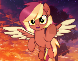 Size: 818x643 | Tagged: safe, artist:lazuli, oc, oc only, pegasus, pony, cloud, flying, movie accurate, open mouth, outdoors, pegasus oc, raised hoof, smiling, solo, tree, two toned wings, underhoof, wings