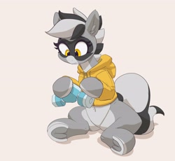 Size: 4096x3775 | Tagged: safe, artist:pabbley, oc, oc only, oc:bandy cyoot, hybrid, pony, raccoon, raccoon pony, belly button, clothes, female, frog (hoof), gas mask, hoodie, hoof hold, hoofbutt, mare, mask, simple background, solo, underhoof