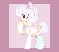 Size: 2300x2018 | Tagged: safe, artist:lazuli, oc, oc only, pegasus, pony, abstract background, bow, bowtie, clothes, eyelashes, female, frown, hair bow, mare, pegasus oc, raised hoof, socks, solo, striped socks, wings