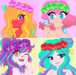 Size: 1920x1905 | Tagged: safe, artist:ocean-drop, oc, oc only, oc:crystal clear, oc:pebble pie, oc:radience, oc:sweetie pie, butterfly, dracony, hybrid, equestria girls, female, floral head wreath, flower, flower in hair, interspecies offspring, offspring, parent:big macintosh, parent:cheese sandwich, parent:marble pie, parent:pinkie pie, parent:princess cadance, parent:rarity, parent:shining armor, parent:spike, parents:cheesepie, parents:marblemac, parents:shiningcadance, parents:sparity, smiling