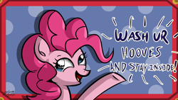 Size: 2048x1152 | Tagged: safe, artist:zsparkonequus, derpibooru import, pinkie pie, earth pony, pony, bust, dialogue, female, mare, open mouth, pink coat, pink mane, raised hoof, signature, simple background, smiling, solo