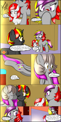 Size: 1280x2560 | Tagged: safe, artist:jimmy draws, oc, oc only, oc:annie flamme, oc:fireice, oc:ice flamme, oc:misterious jim, earth pony, pegasus, unicorn, angry, cute, female, filly, jumping, kiss on the cheek, kissing, tongue out