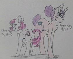 Size: 2236x1836 | Tagged: safe, artist:uwus, derpibooru exclusive, oc, earth pony, pony, unicorn, chest fluff, fluffy, magical lesbian spawn, next generation, offspring, parent:pinkie pie, parent:rarity, parents:raripie, traditional art