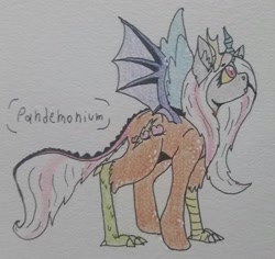 Size: 1941x1836 | Tagged: safe, artist:uwus, derpibooru exclusive, oc, draconequus, hybrid, pegasus, antlers, bat wings, fluffy, interspecies offspring, mismatched wings, next generation, offspring, parent:discord, parent:fluttershy, parents:discoshy, solo, talons, traditional art, wings