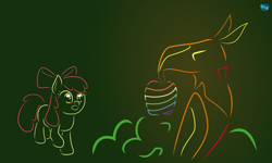 Size: 750x451 | Tagged: safe, artist:quint-t-w, apple bloom, earth pony, phoenix, pony, apple, atg 2020, beak hold, bow, food, gradient background, hair bow, looking at each other, minimalist, modern art, newbie artist training grounds, open mouth, tree, zap apple