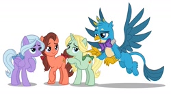 Size: 1280x702 | Tagged: safe, artist:chrzanek97, artist:disneymarvel96, artist:frownfactory, edit, dear darling, fond feather, gallus, swoon song, earth pony, griffon, pegasus, unicorn, bimbettes, bowtie, female, gallus gets all the mares, male, mare, simple background, vector, vector edit, white background