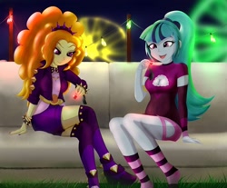 Size: 1024x848 | Tagged: safe, artist:kuya64, adagio dazzle, sonata dusk, better together, equestria girls, bracelet, breasts, cleavage, clothes, duo, duo female, female, gem, jacket, jewelry, leather jacket, siren gem, smiling, sofa, spiked headband, spiked wristband, taco dress, wristband