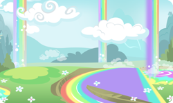 Size: 954x572 | Tagged: safe, background, boat, cloud, flower, gameloft, liquid rainbow, mountain, no pony, outdoors, rainbow waterfall, river, tree