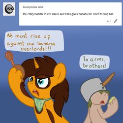 Size: 3000x3000 | Tagged: safe, artist:bigmackintosh, oc, oc only, oc:aíne, oc:fobwatch, earth pony, unicorn, answer, bandana, brother and sister, colt, female, filly, foal, male, pinto, pot, siblings, tumblr, wooden spoon