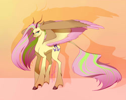 Size: 2500x2000 | Tagged: safe, artist:aggressivetea, derpibooru import, fluttershy, pegasus, pony, female, horns, large wings, redesign, signature, solo, spread wings, two toned mane, wings