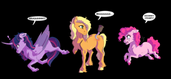 Size: 4101x1881 | Tagged: safe, artist:venommocity, derpibooru import, applejack, pinkie pie, twilight sparkle, twilight sparkle (alicorn), alicorn, earth pony, pony, fanfic:my little pony: the unexpected future, amputee, black background, cramped, female, mare, prosthetic limb, prosthetics, simple background, slipped, speech bubble, stabbed, stump, trio