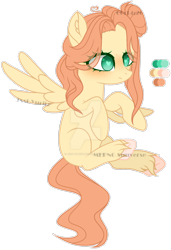 Size: 1280x1872 | Tagged: safe, artist:jxst-yuriiz, oc, oc only, oc:marigold fly, pegasus, pony, blank flank, color palette, colored pupils, deviantart watermark, female, freckles, hair bun, heart eyes, obtrusive watermark, offspring, parent:big macintosh, parent:fluttershy, parents:fluttermac, pegasus oc, pony oc, side bun, simple background, solo, teenager, transparent background, watermark, wingding eyes, wings