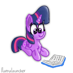 Size: 1440x1440 | Tagged: safe, artist:llamalauncher, derpibooru import, twilight sparkle, twilight sparkle (alicorn), alicorn, pony, book, ponyloaf, prone, simple background, solo, white background