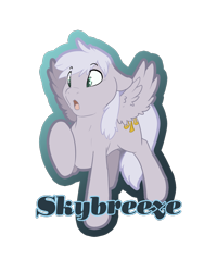 Size: 660x880 | Tagged: safe, artist:rika, oc, oc only, oc:skybreeze, pegasus, pony, badge, con badge, floppy ears, male, open mouth, raised hoof, simple background, spread wings, stallion, transparent background, wings