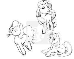 Size: 880x704 | Tagged: safe, artist:rika, derpibooru import, pinkie pie, rarity, twilight sparkle, unicorn twilight, earth pony, pony, unicorn, book, eyes closed, female, grayscale, lidded eyes, looking at you, mare, monochrome, noisemaker, open mouth, prone, pronking, raised hoof, simple background, sketch, smiling, watermark, white background, wip