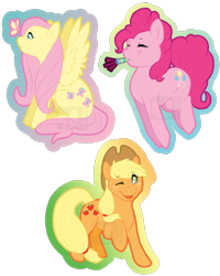 Size: 572x715 | Tagged: safe, artist:rika, derpibooru import, applejack, fluttershy, pinkie pie, butterfly, earth pony, pegasus, pony, badge, butterfly on nose, con badge, eyes closed, female, insect on nose, looking up, mare, noisemaker, one eye closed, open mouth, pronking, raised hoof, simple background, sitting, smiling, spread wings, transparent background, watermark, wings
