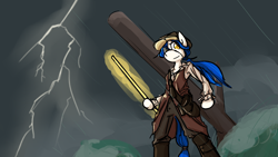 Size: 3840x2160 | Tagged: safe, artist:spheedc, oc, oc only, oc:light chaser, earth pony, semi-anthro, bipedal, clothes, digital art, female, glow, hat, lightning, mare, rain, solo, water, weapon