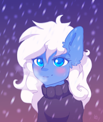 Size: 1520x1800 | Tagged: safe, artist:jackselit, oc, oc only, oc:neji, earth pony, clothes, earth pony oc, simple background, snow, snowfall, solo, sweater