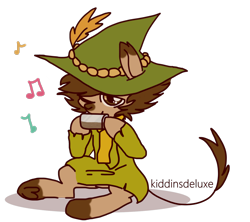 Size: 1350x1200 | Tagged: safe, artist:kiddinsdeluxe, derpibooru exclusive, pony, clothes, feather, harmonica, hat, multicolored fur, music notes, musical instrument, one eye closed, playing instrument, ponified, scarf, simple background, sitting, snufkin, solo, the moomins, transparent background