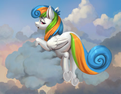 Size: 1200x933 | Tagged: safe, artist:jotun22, pegasus, pony, cloud, female, looking at you, looking back, looking back at you, lying on a cloud, mare, on a cloud, prone, rear view, solo, underhoof