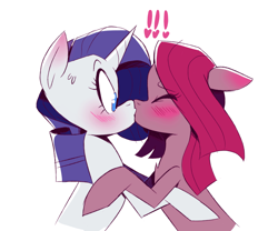 Size: 1311x1092 | Tagged: safe, artist:cassettepunk, derpibooru import, pinkie pie, rarity, earth pony, pony, unicorn, blushing, bust, exclamation point, eyes closed, female, heart, kissing, lesbian, pinkamena diane pie, raripie, shipping, simple background, surprise kiss, surprised, white background