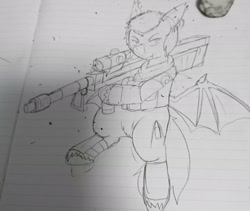 Size: 2153x1821 | Tagged: safe, artist:omegapony16, oc, bat pony, pony, armor, bat pony oc, bat wings, clothes, ear piercing, earring, eraser, hoof hold, irl, jewelry, lineart, lined paper, male, photo, piercing, rocket launcher, scarf, soldier, solo, stallion, traditional art, unshorn fetlocks, wings