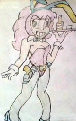 Size: 806x1280 | Tagged: safe, artist:midday sun, derpibooru import, pinkie pie, human, alcohol, breasts, bunny ears, bunny girl, bunny suit, clothes, colored pencil drawing, cuffs (clothes), female, gloves, gun, gun holster, handgun, high heels, holster, hotblooded pinkie pie, humanized, kotobukiya, kotobukiya pinkie pie, pistol, revolver, shoes, solo, tights, traditional art, weapon