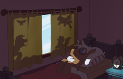 Size: 1073x689 | Tagged: safe, artist:ravenpuff, mochaccino, rare find, bird, pegasus, pony, unicorn, alarm clock, bags under eyes, bed, behaving like a bird, clock, flying, frown, insomnia, male, on back, pillow, silhouette, stallion, wide eyes, window