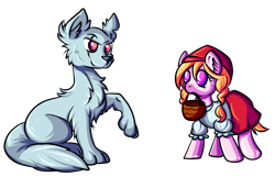 Size: 5187x3349 | Tagged: safe, artist:coco-drillo, earth pony, pony, wolf, basket, braid, cell shaded, chest fluff, clothes, ear fluff, hat, little red riding hood, natg2020, newbie artist training grounds, paws, ponified, scar, simple background, skirt, transparent background