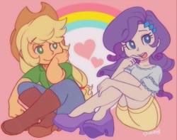 Size: 1001x788 | Tagged: safe, artist:doekis, applejack, rarity, equestria girls, boots, clothes, cowboy boots, cowboy hat, female, hat, heart, lesbian, no pupils, rainbow, rarijack, shipping, shoes