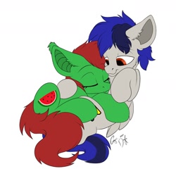 Size: 1800x1800 | Tagged: safe, artist:emilywulfstudios, oc, oc:sereno moon, oc:watermelon frenzy, pegasus, pony, vampire, vampony, cuddling, cute, sleeping, snuggling, vampire bat pony