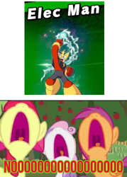 Size: 358x500 | Tagged: safe, edit, edited screencap, screencap, apple bloom, scootaloo, sweetie belle, hearts and hooves day (episode), barely pony related, cutie mark crusaders, elec man, megaman, noooooooo, op is a cuck, op is trying to start shit, related, spirit, super smash bros., super smash bros. ultimate