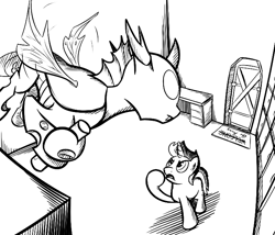 Size: 700x600 | Tagged: safe, artist:sirvalter, oc, oc only, oc:bzzz, oc:scoperage, changeling, pony, unicorn, fanfic:steyblridge chronicle, artifact, black and white, clothes, duo, fanfic, fanfic art, flying, grayscale, hooves, horn, illustration, male, monochrome, open mouth, research institute, scientist, stallion, storage