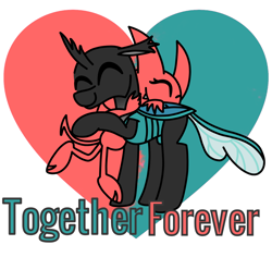 Size: 1286x1214 | Tagged: safe, artist:rainbowbacon, oc, oc:satina, oc:steel crescent, changeling, demon, cute, duality, duo, fangs, heart, heart background, horns, hug, love, satina wants a glass of water, shipping, text, young